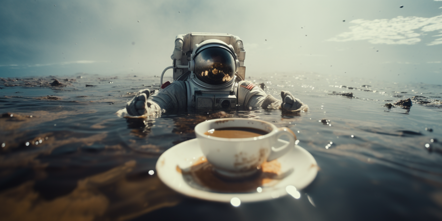 Astronaut swimming in coffee, cinematic still