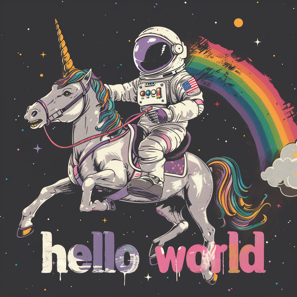 Astronaut riding rainbow unicorn hello world