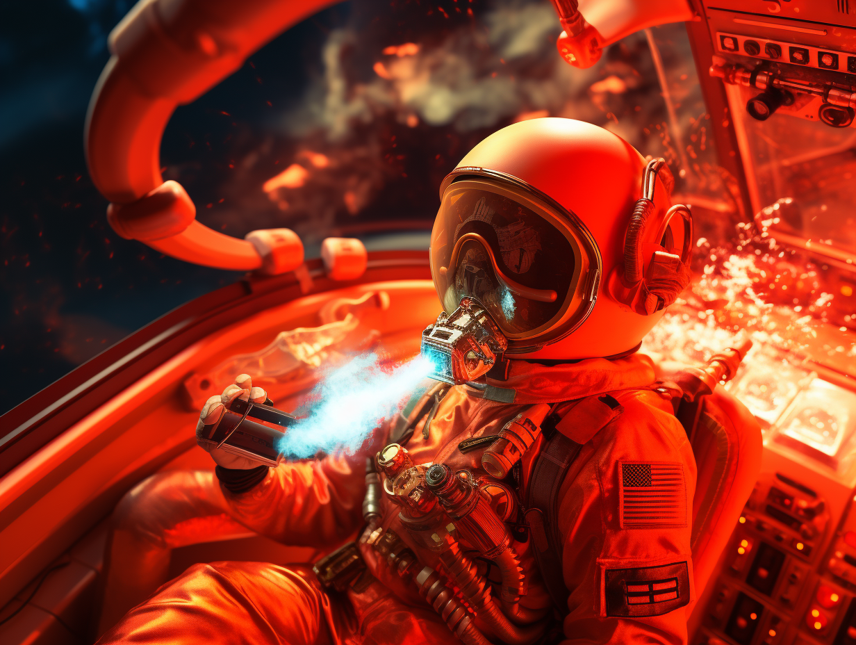 Scarlet orange astronaut vaping in cockpit