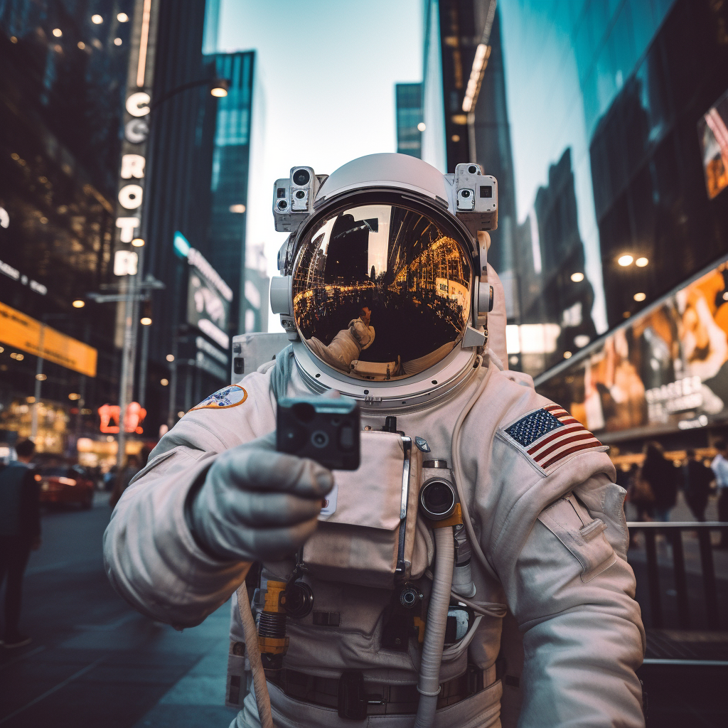 Astronaut taking selfie in the city