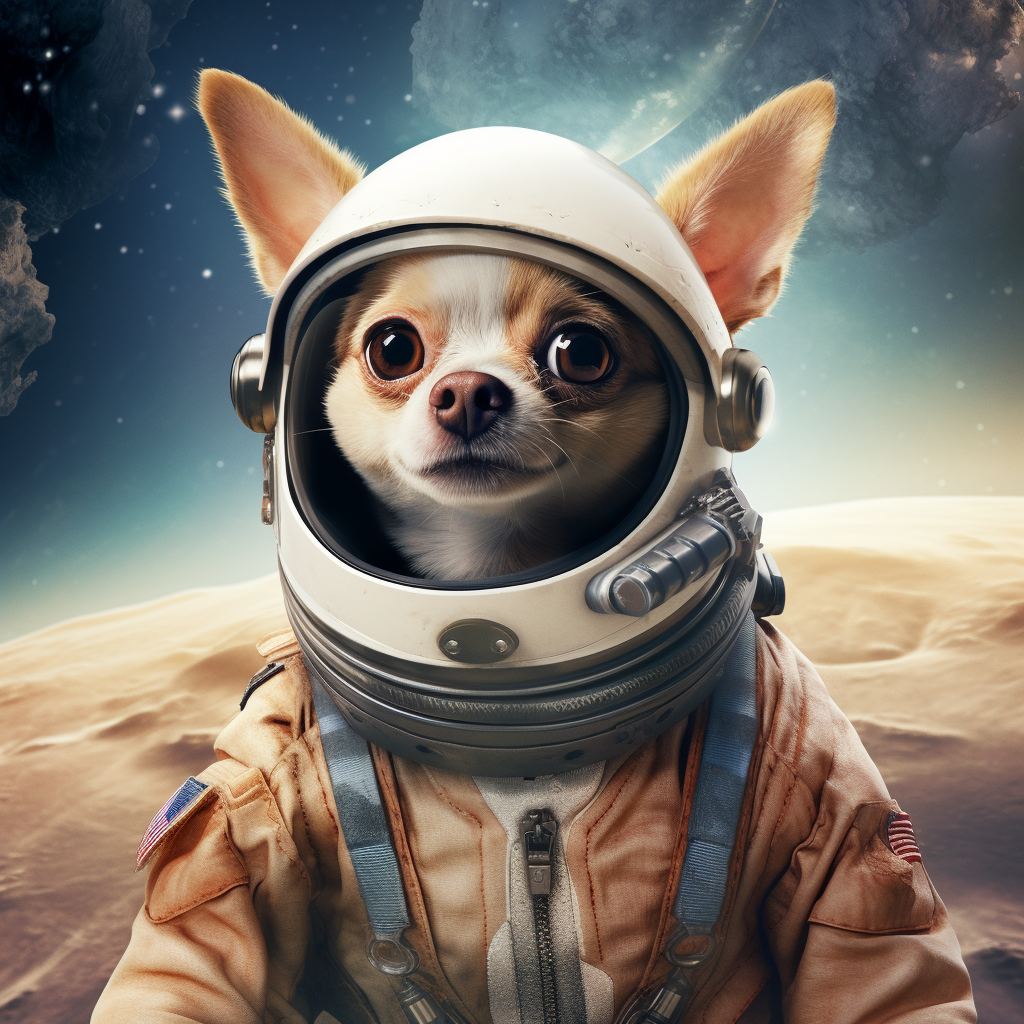 Realistic astronaut white chihuahua in space