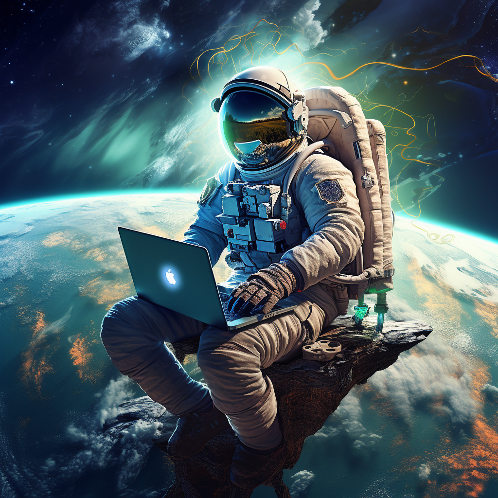 Astronaut working on laptop in space