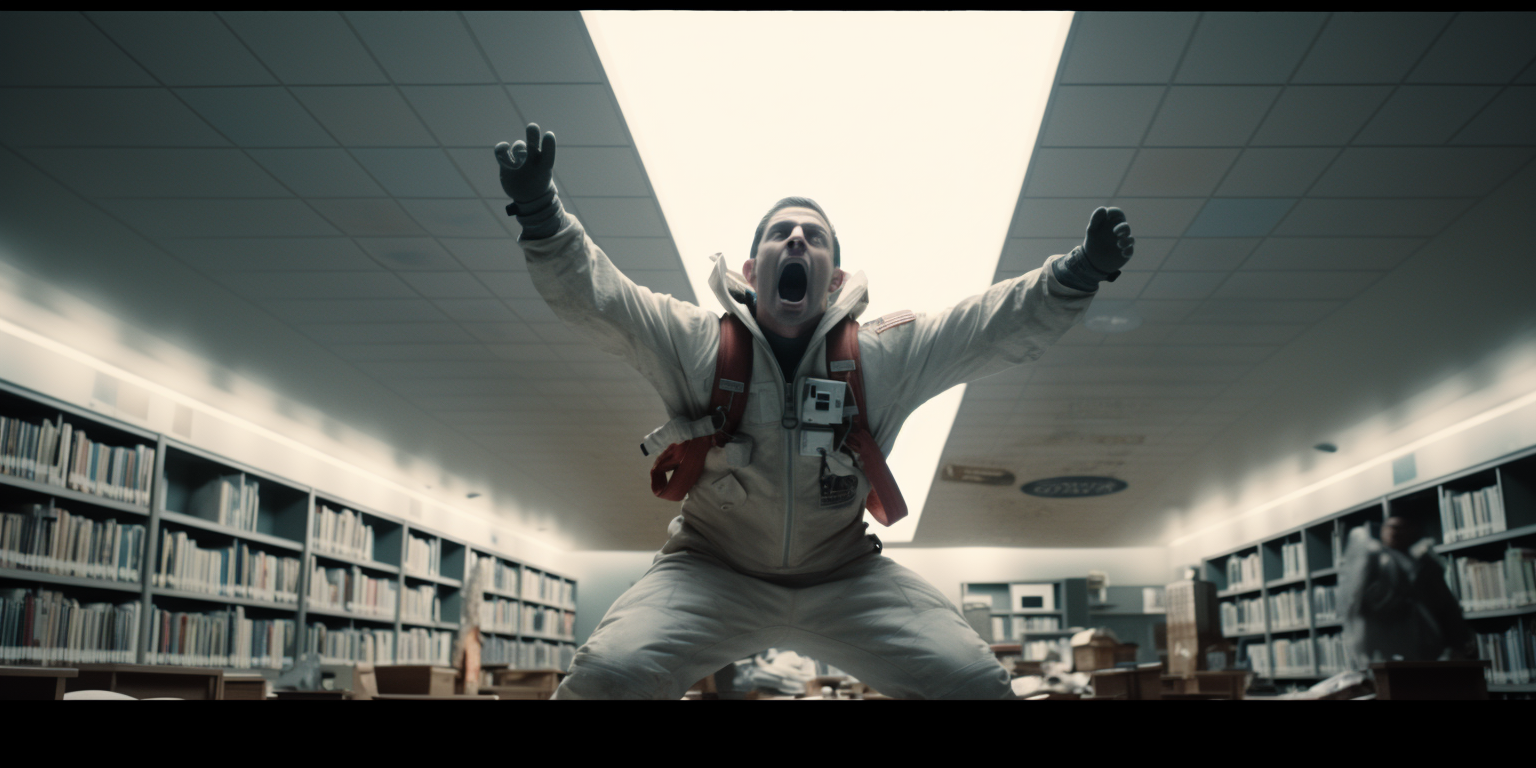 Astronaut yelling in library scene