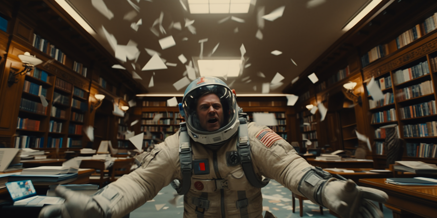 Astronaut yelling at library with megaphone