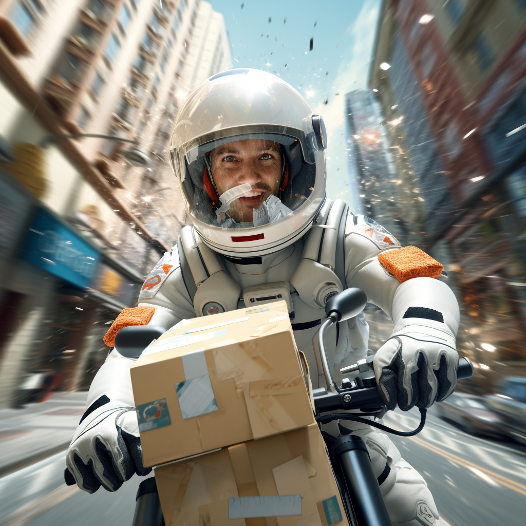 Astronaut Delivery Man with Pinwheel Helmet and Flying Letters