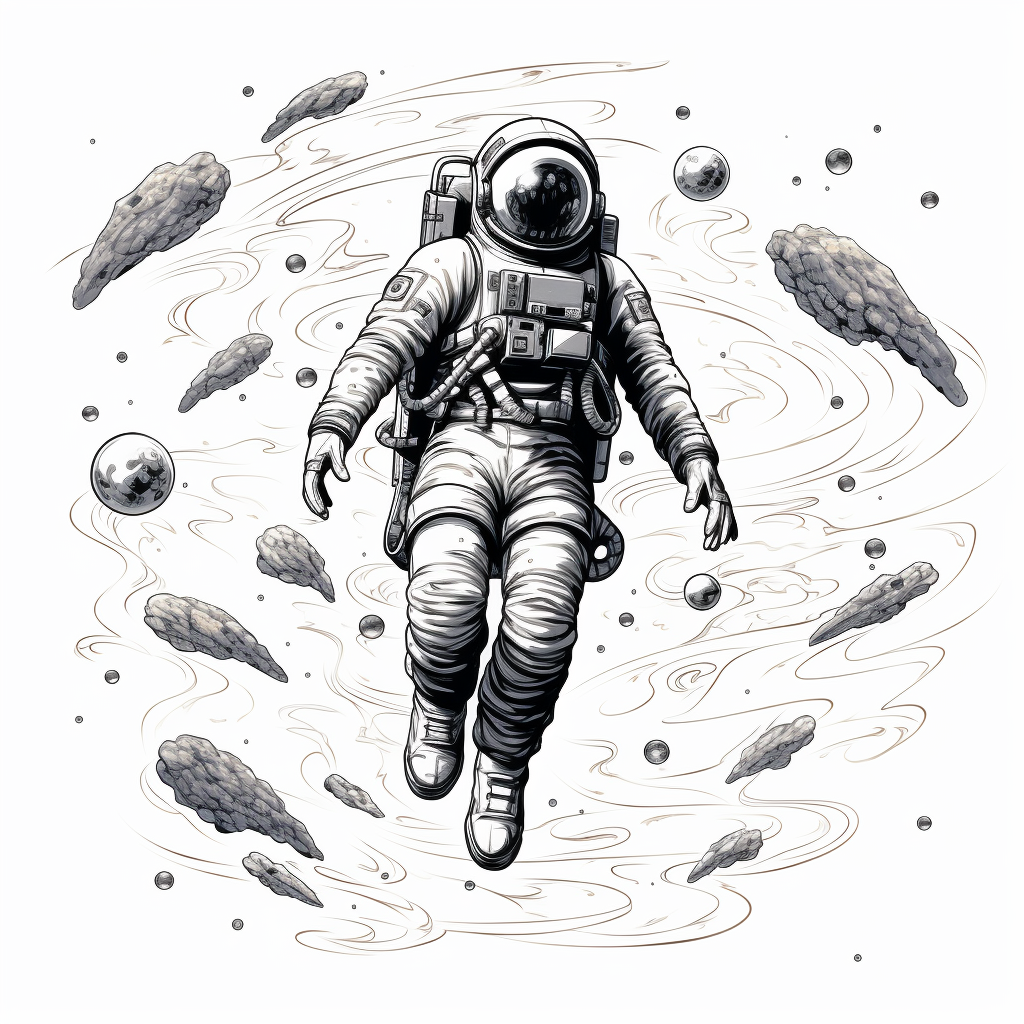 Astronaut surrounded by alien spaceships in space