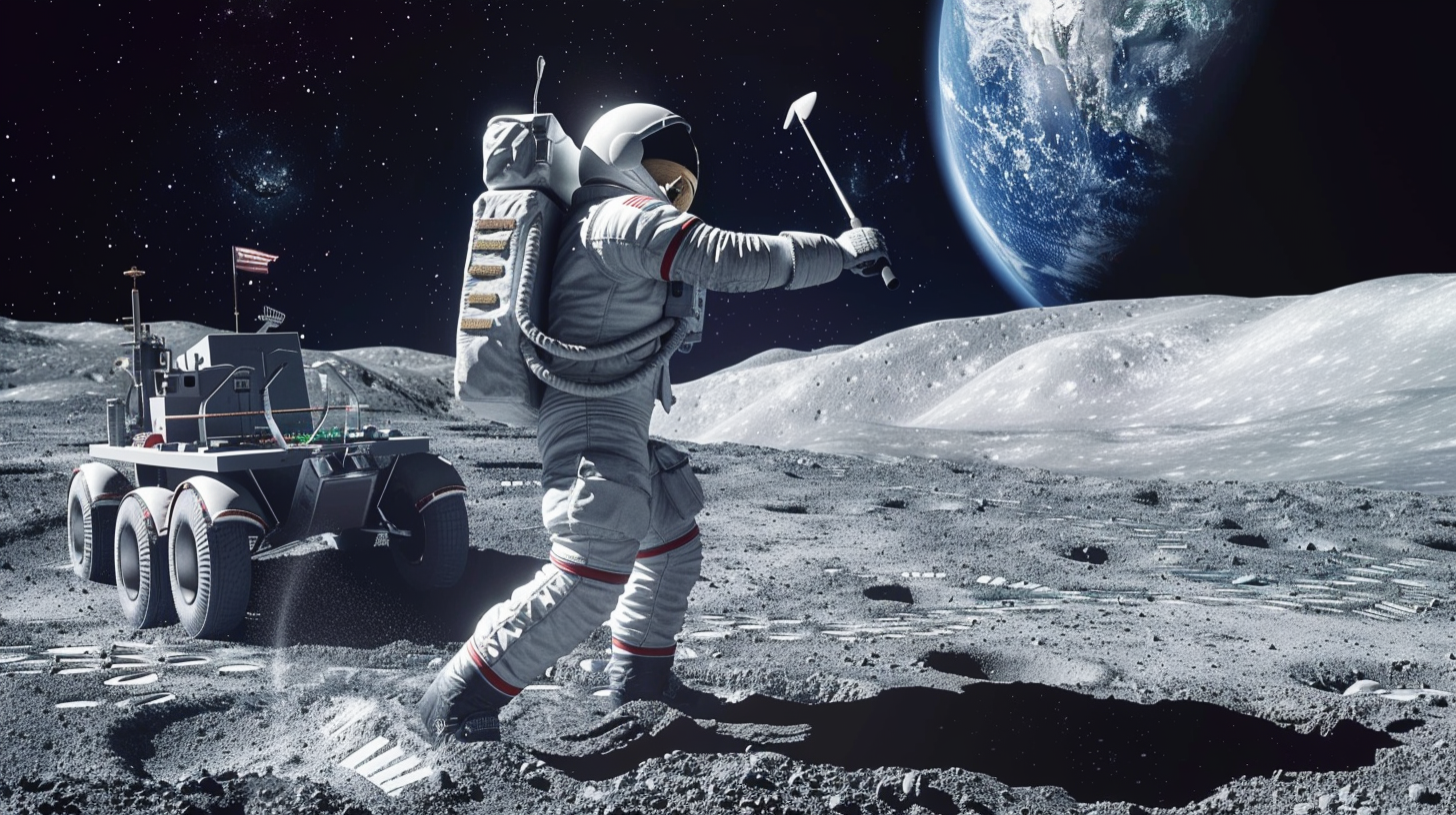 American astronaut golfing on moon surface