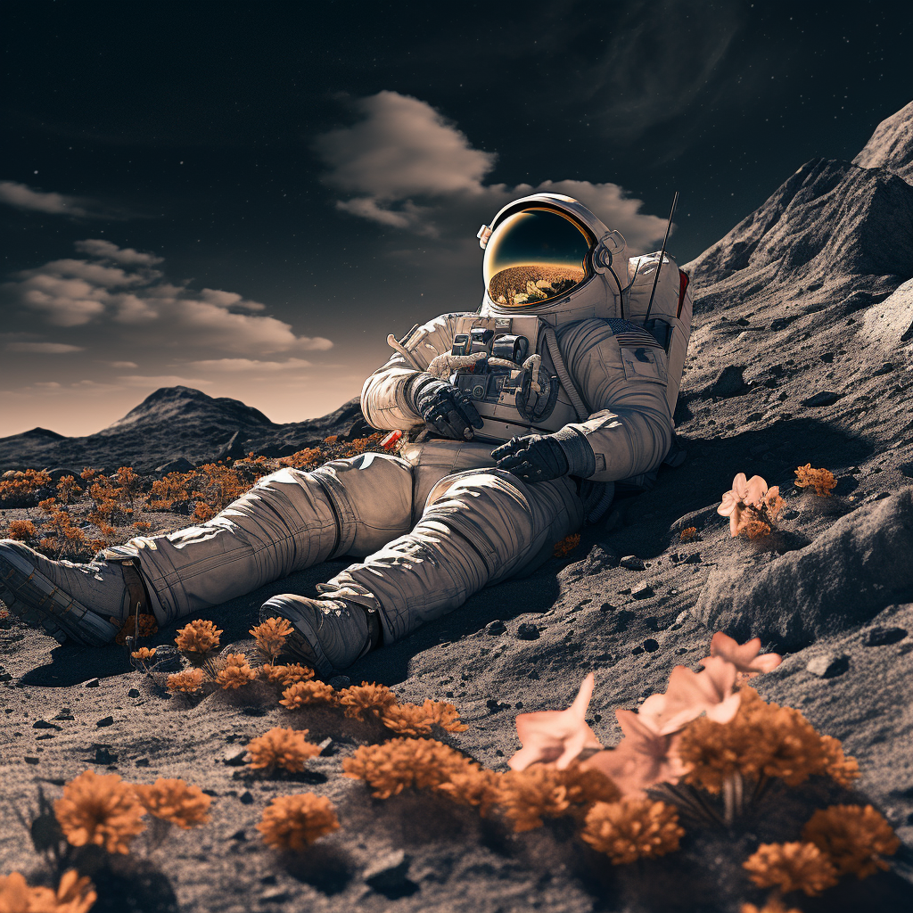 Astronaut resting on moon crater with flower