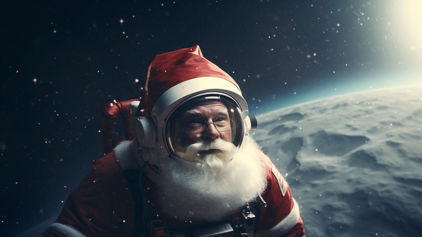 Astronaut with Santa Hat Floating in Space