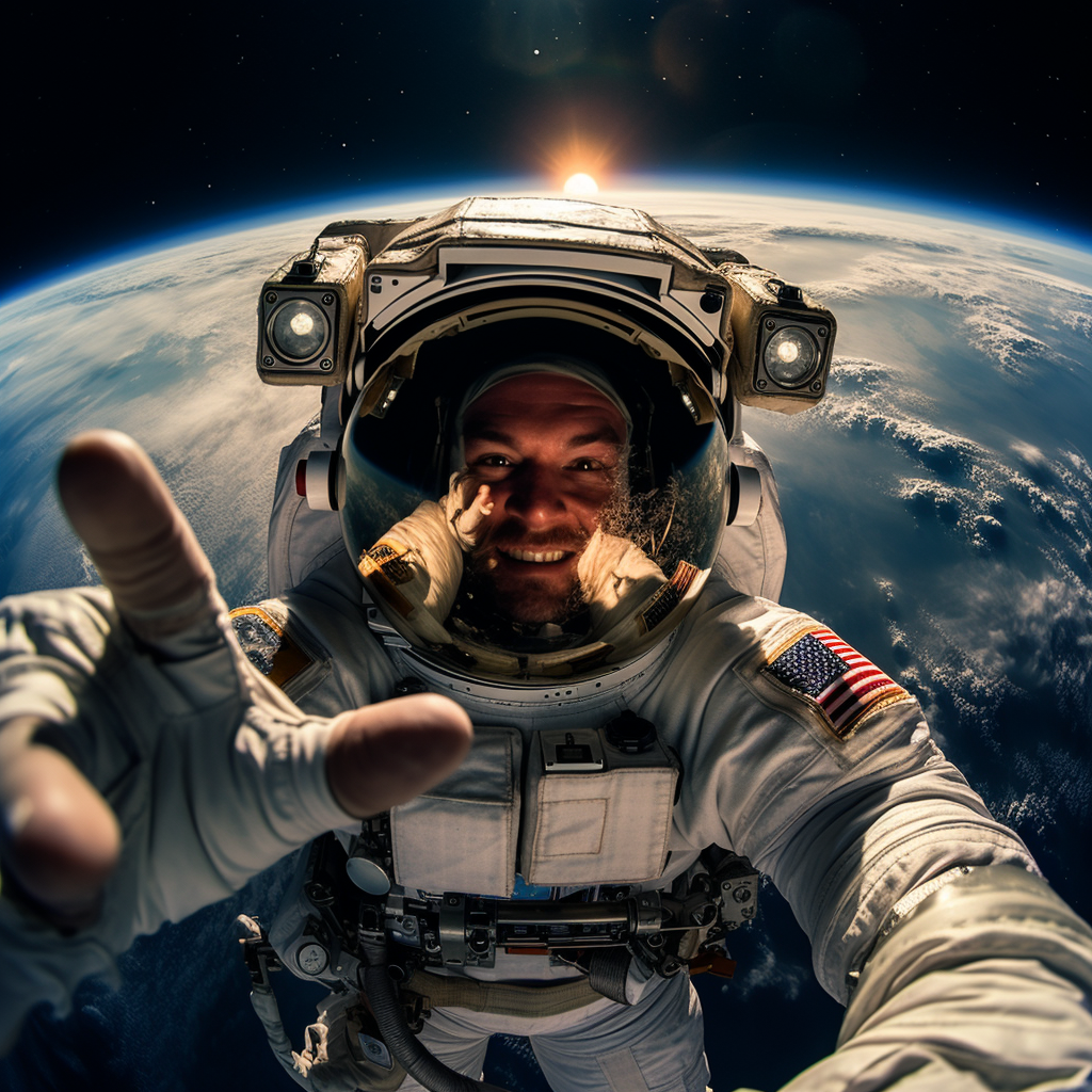 Astronaut reaching camera in space