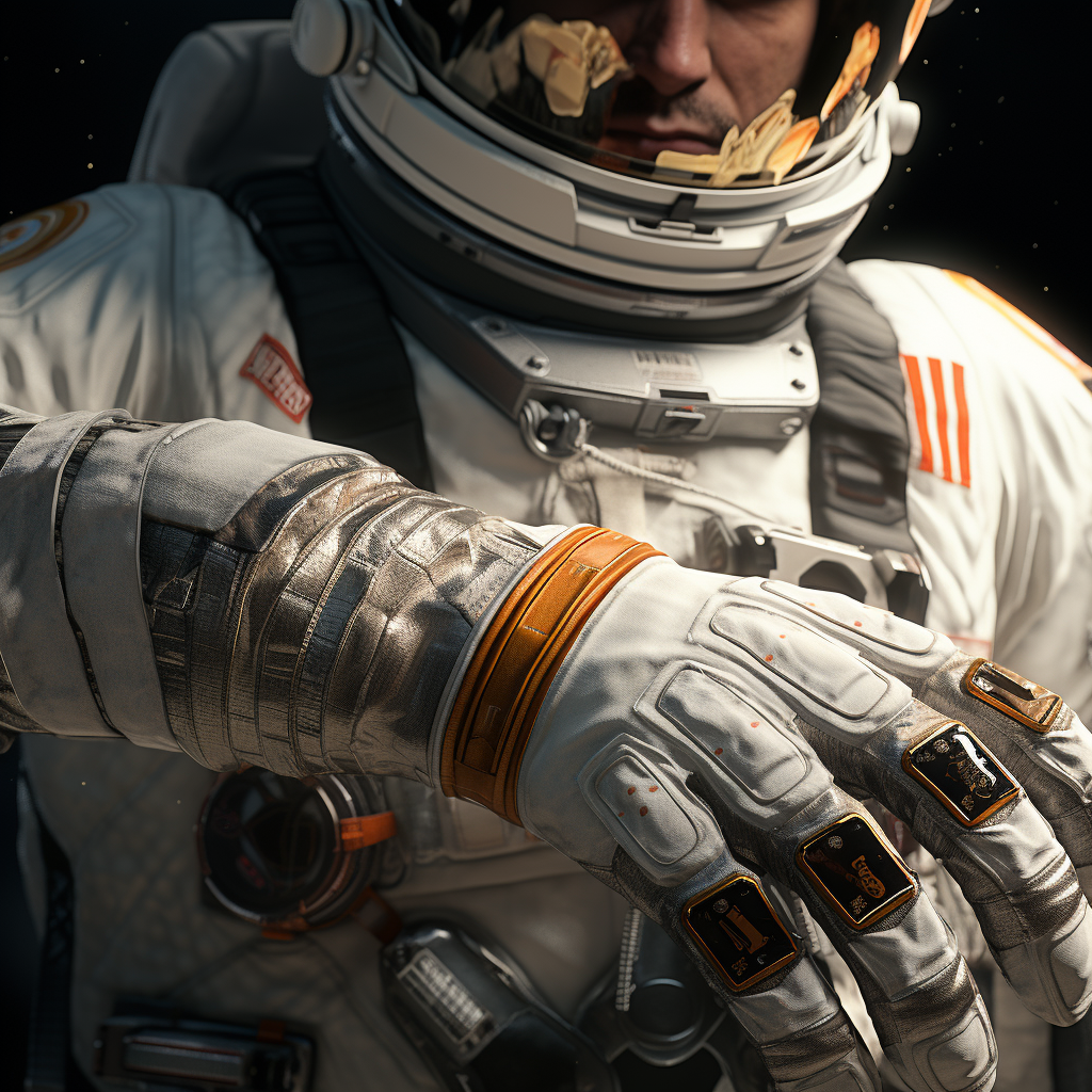 Astronaut wearing gloves in low hand position