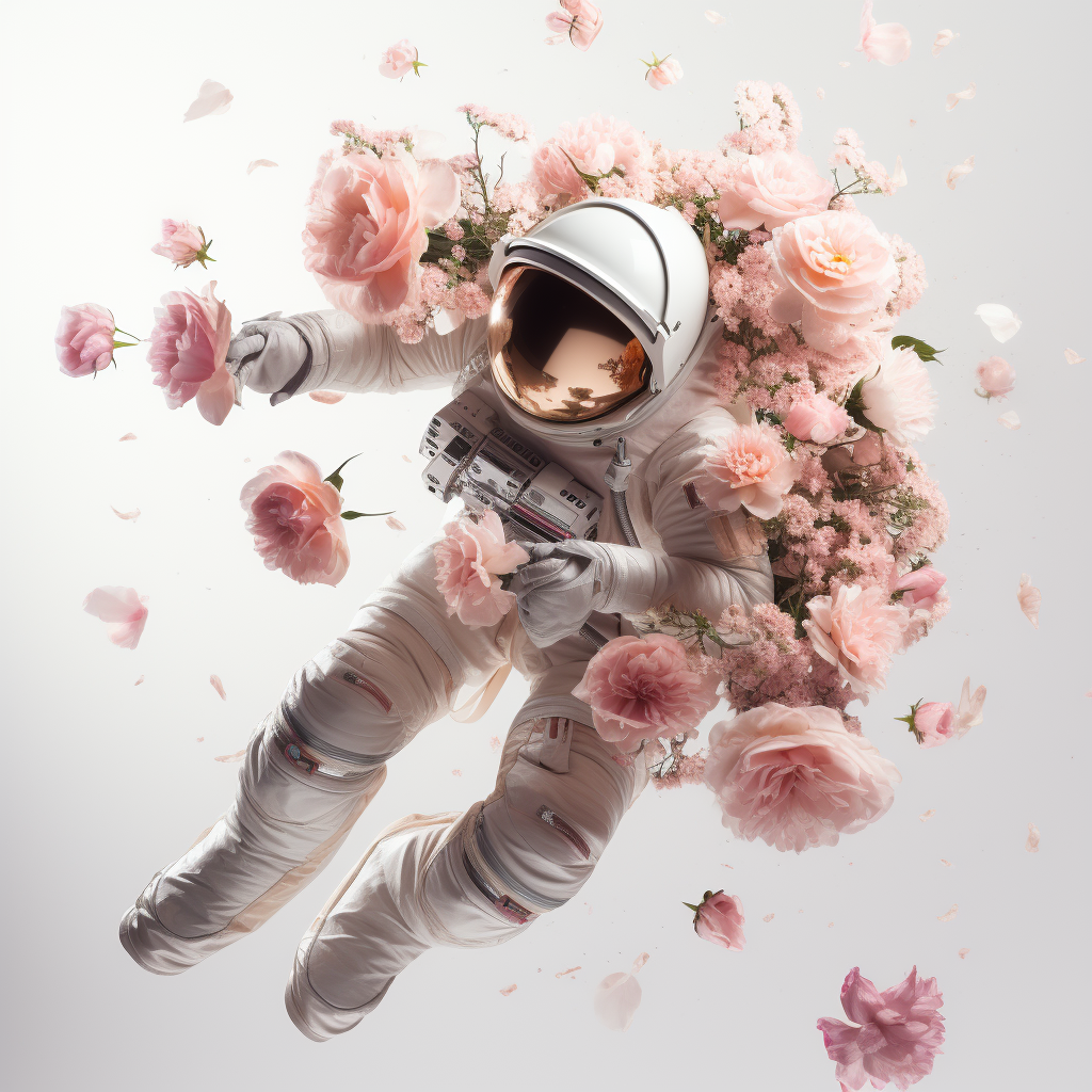 Astronaut woman in white and pink costume flying towards a flower