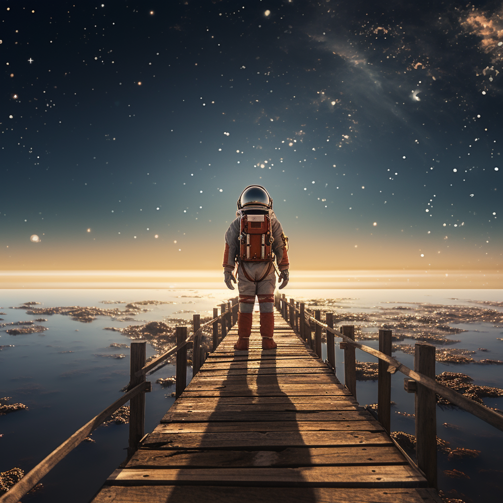 Astronaut on wooden pier watching meteor crash in ocean