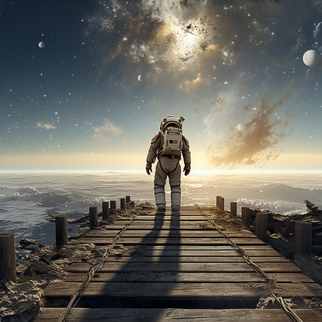 Astronaut on Wooden Pier Looking at Meteor in Ocean