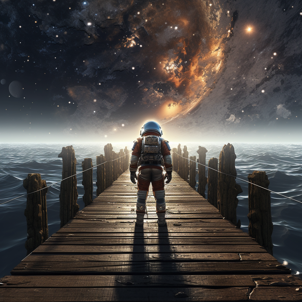 Astronaut on wooden pier overlooking ocean with meteor