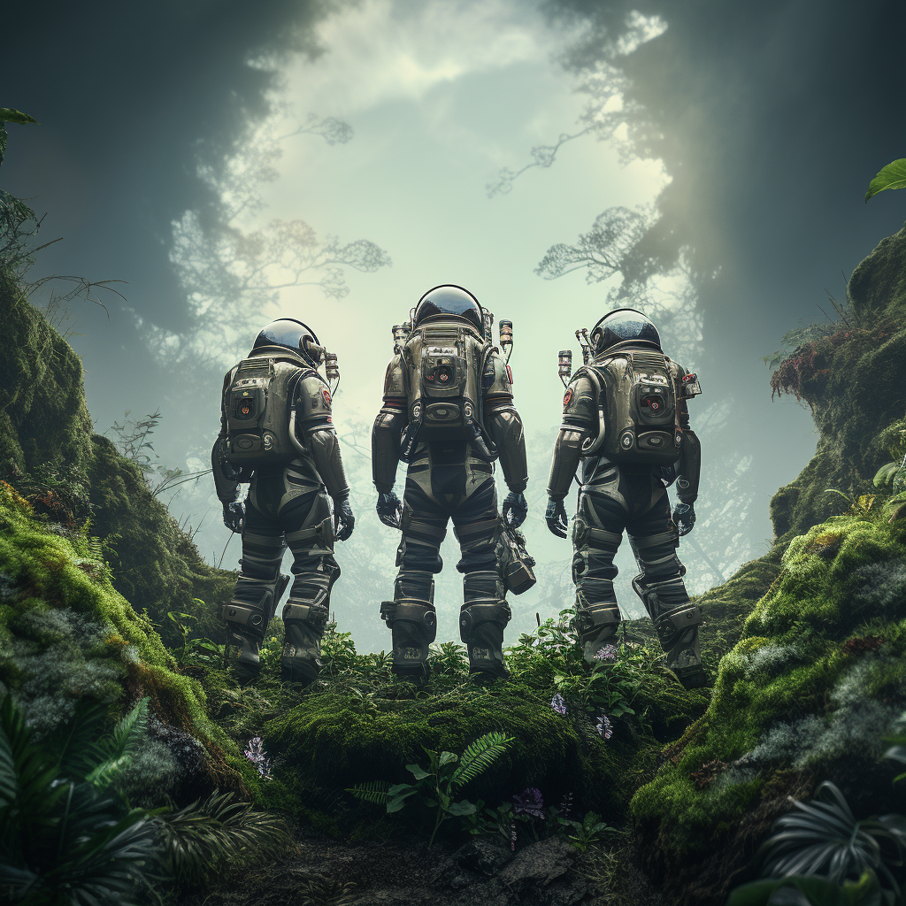 Astronauts in Different Suits looking at Overgrown Earth