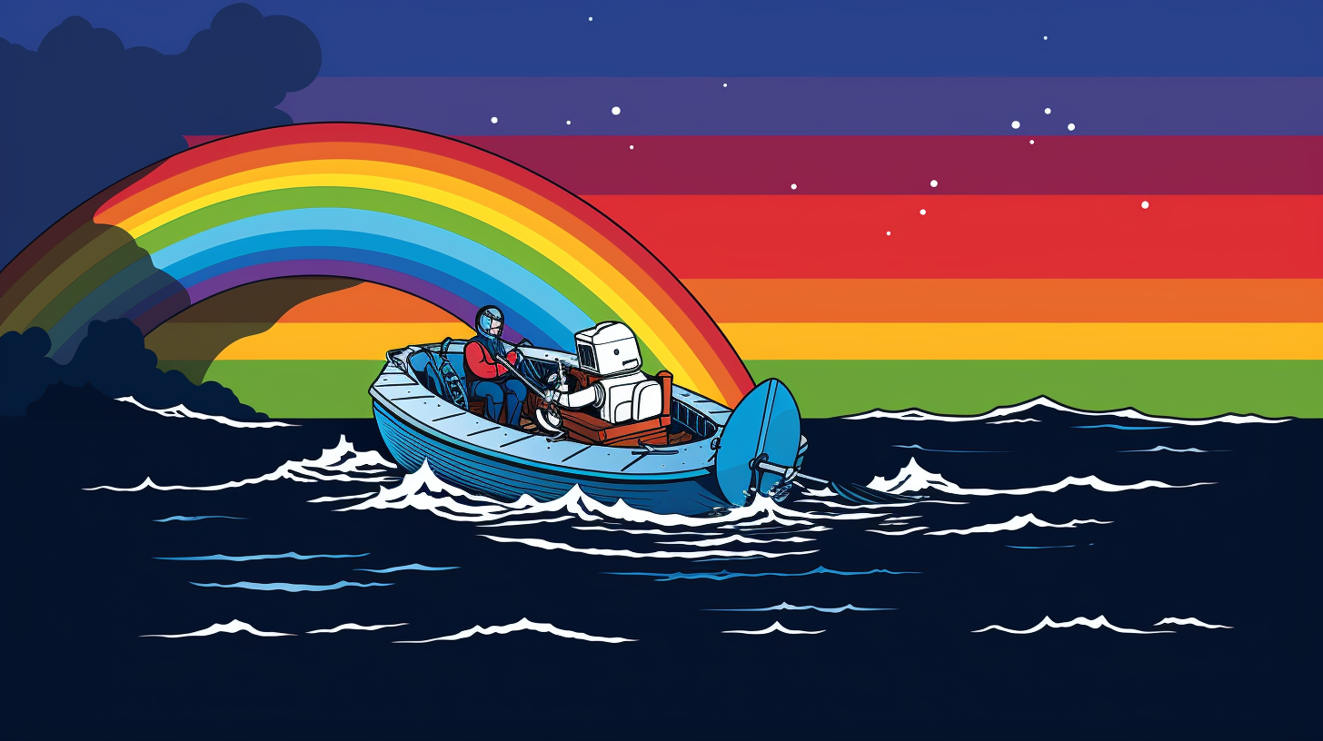 Astronauts taking photo of rainbow in wooden boat