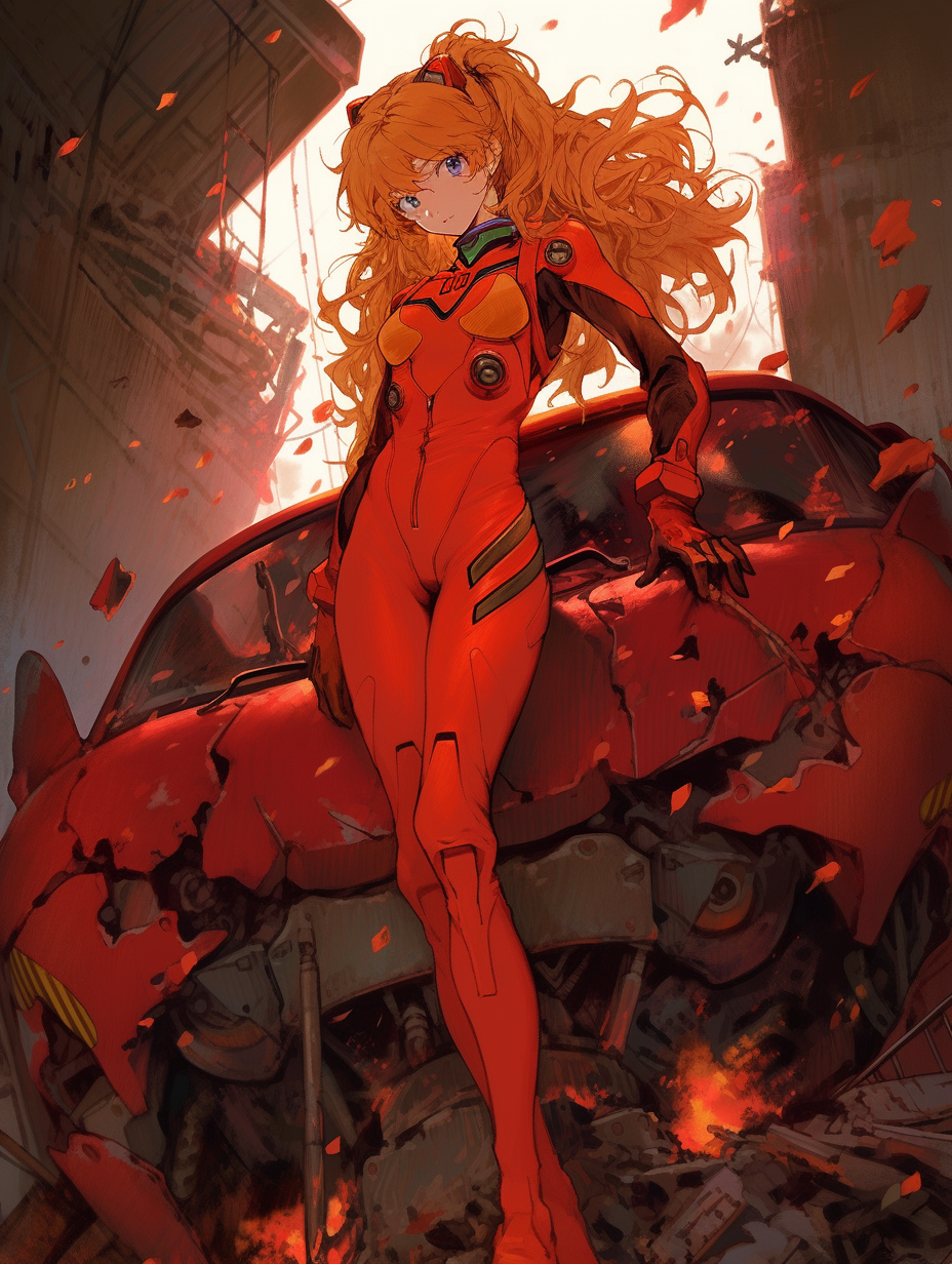 Asuka Langley trapped in burning spaceship wreckage