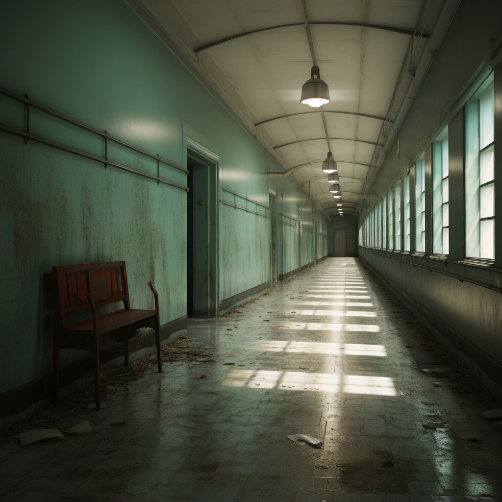 Abandoned asylum hallway with eerie atmosphere