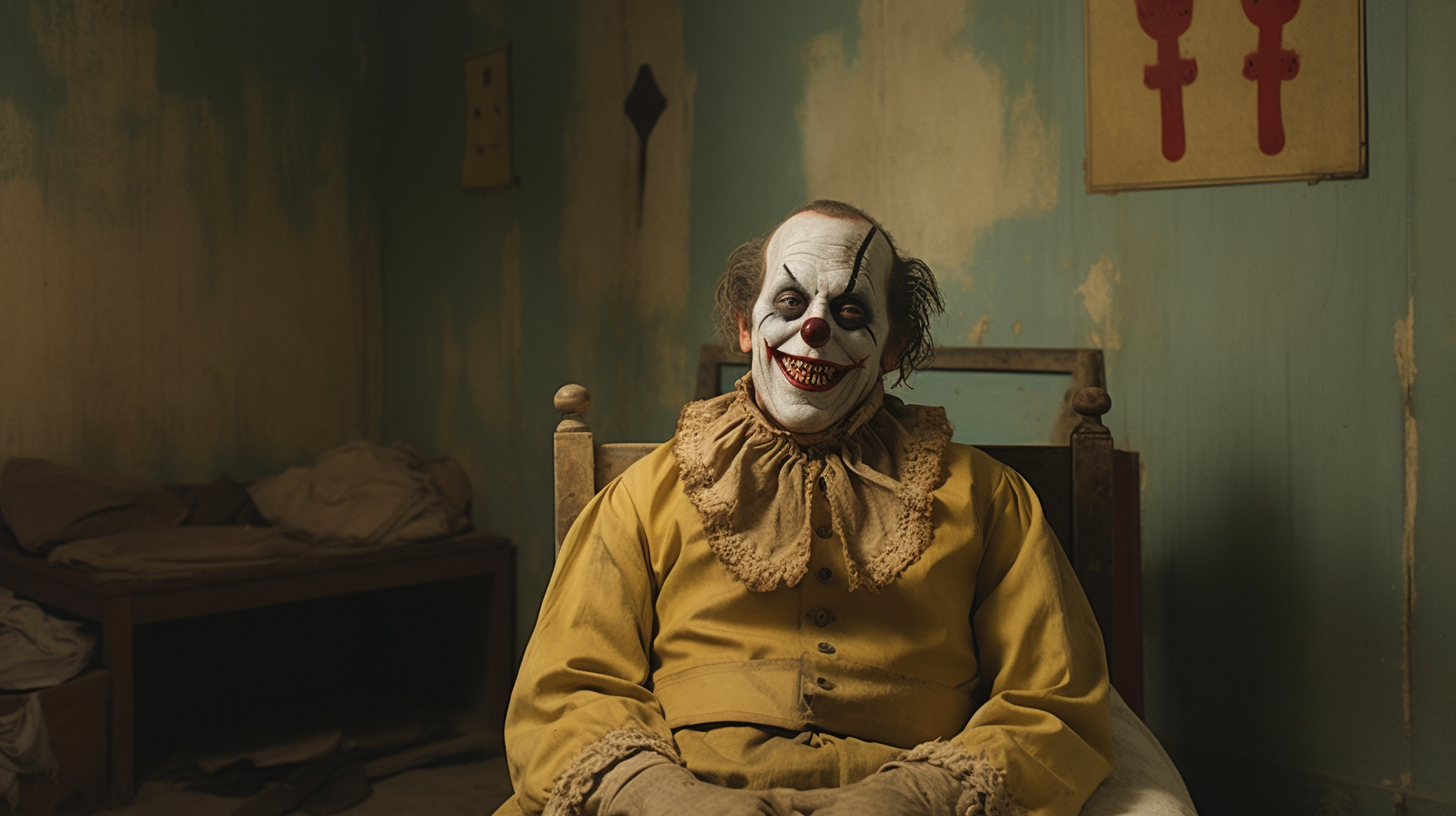 Insane patient in straightjacket with jester makeup