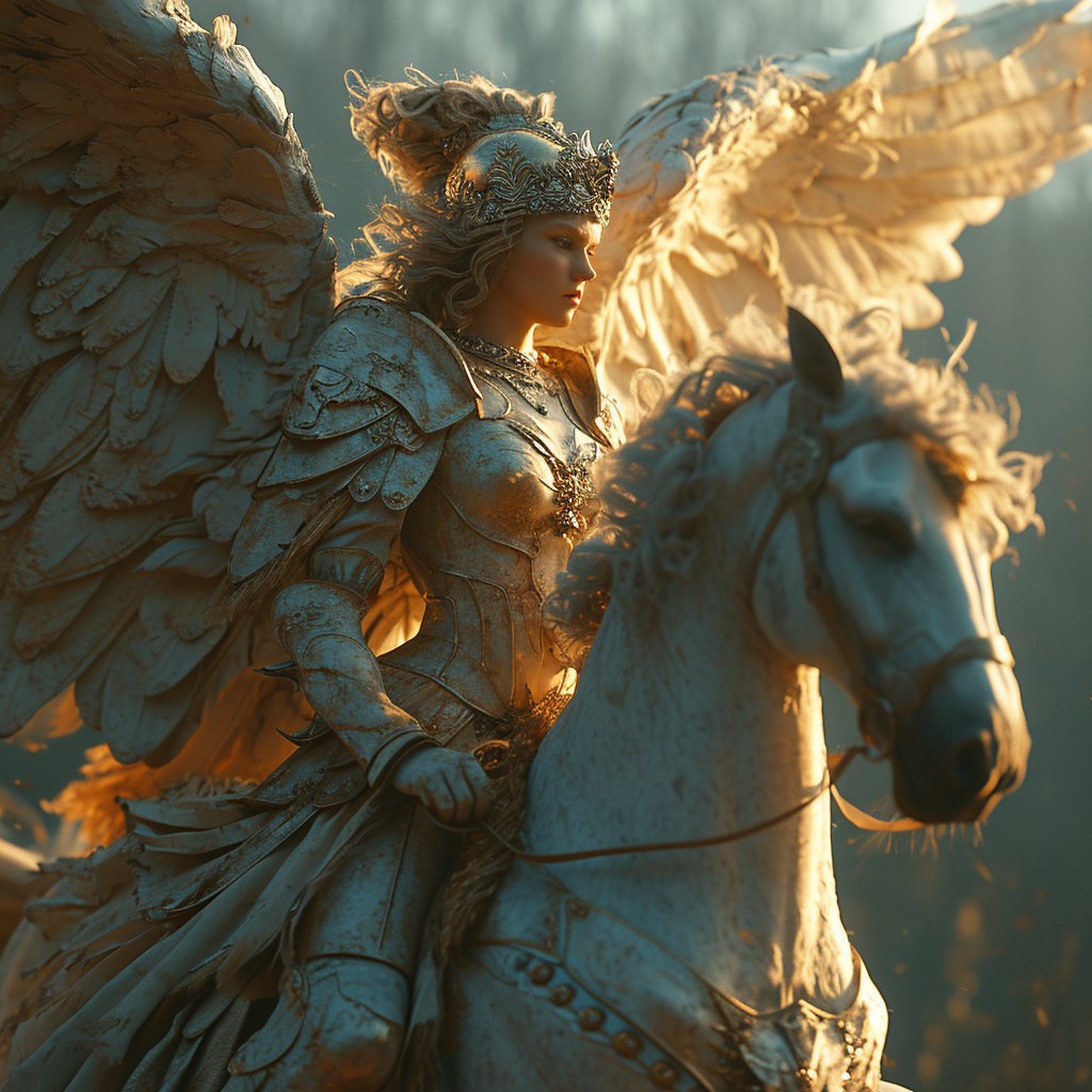 Athena on Pegasus charging towards the sun