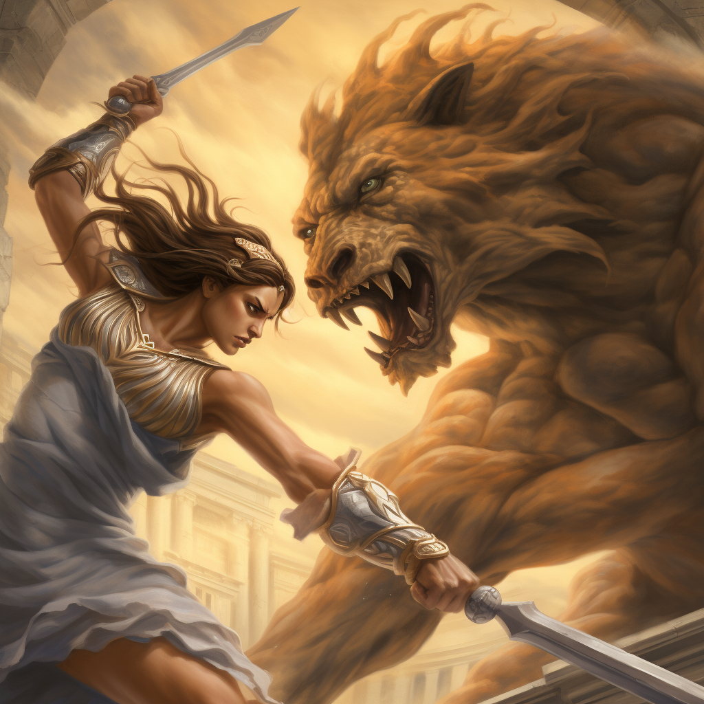 Athena fights fierce monster fearlessly.