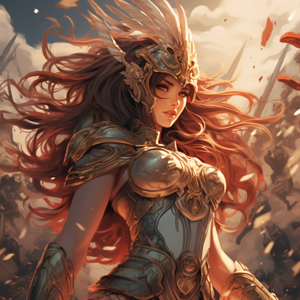 Athena slaying Ares in anime style