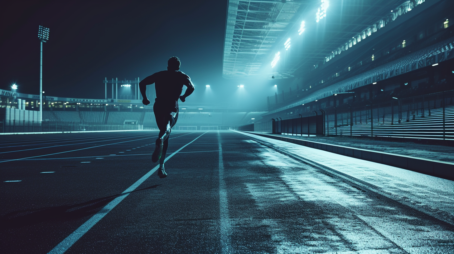 Athlete running on track at night stadium