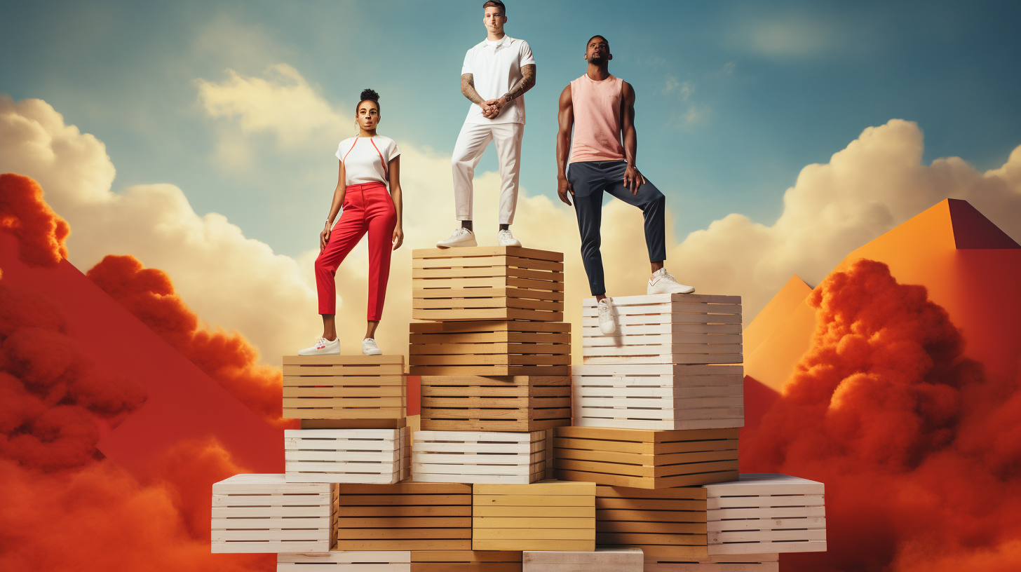 Three athletes on stacked white boxes