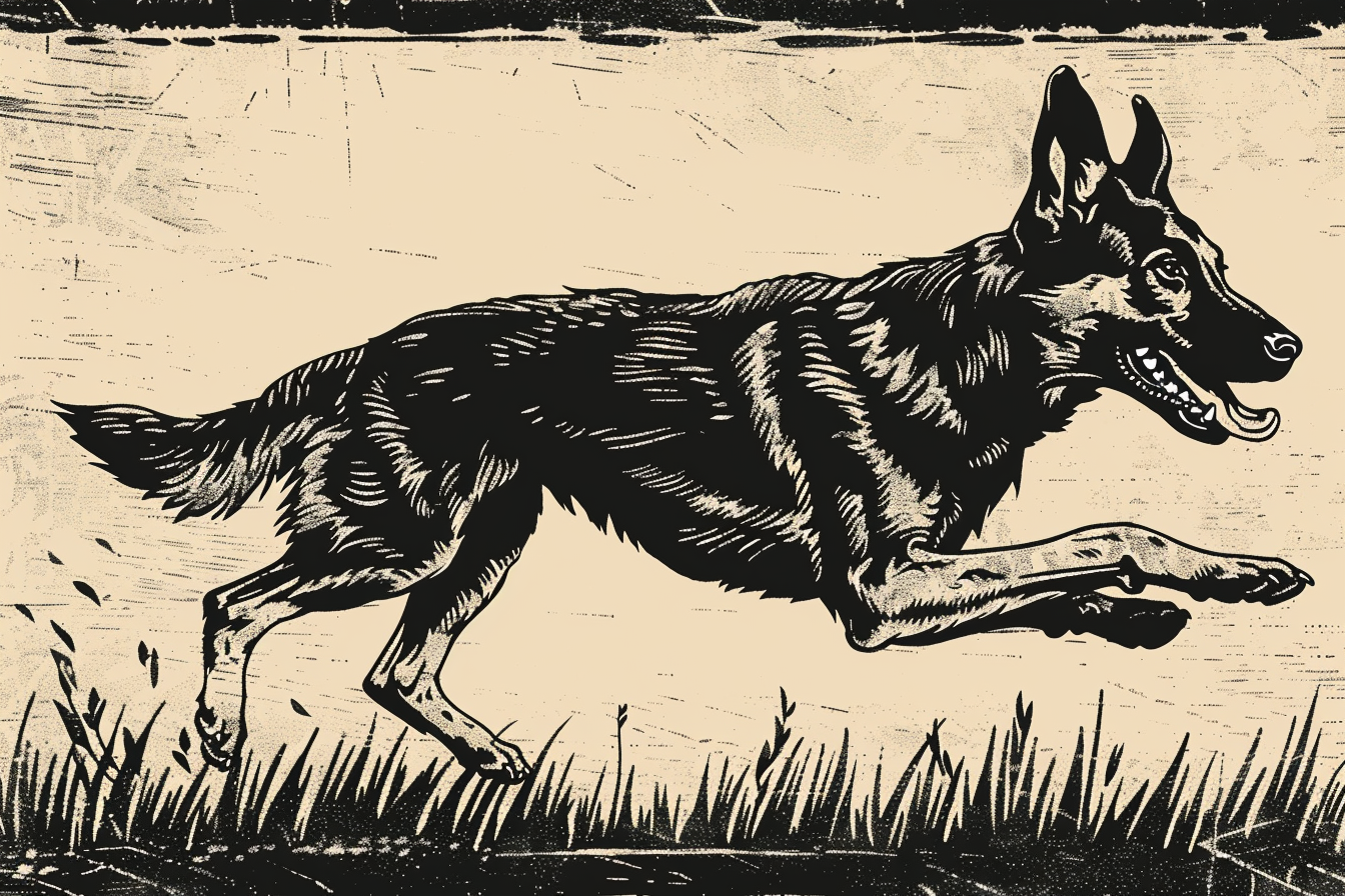 German Shepherd Dog Running Woodcut Style