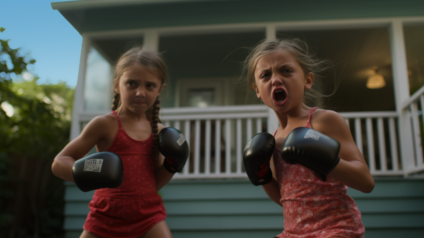 Athletic twin sisters kickboxing in backyard