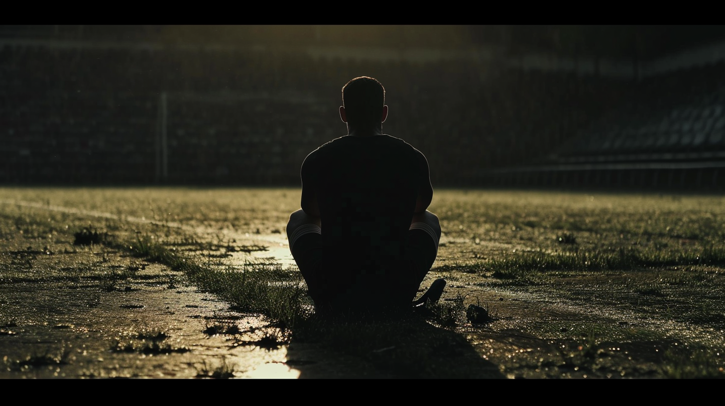 Athletic man sitting in shadows at stadium