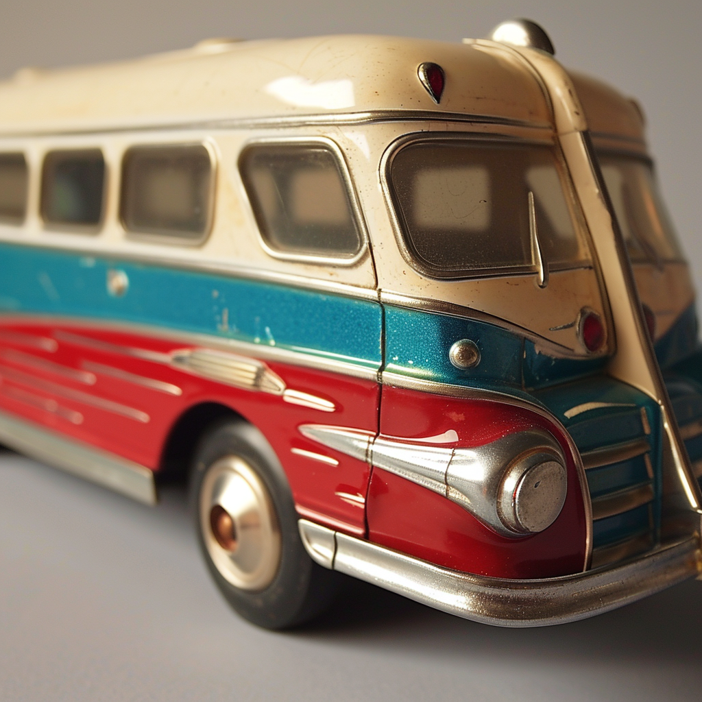 Colorful atomic age toy passenger bus profile