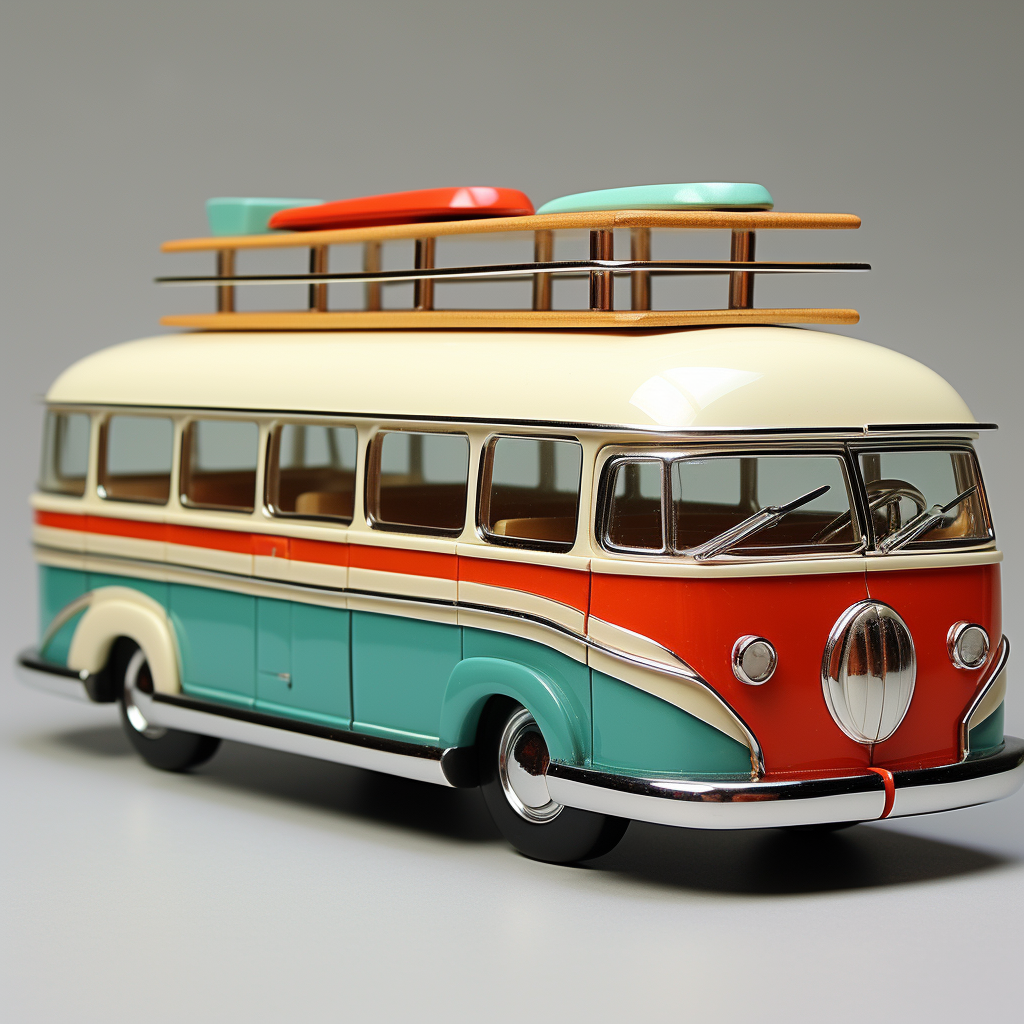 Vibrant atomic age toy passenger bus in profile
