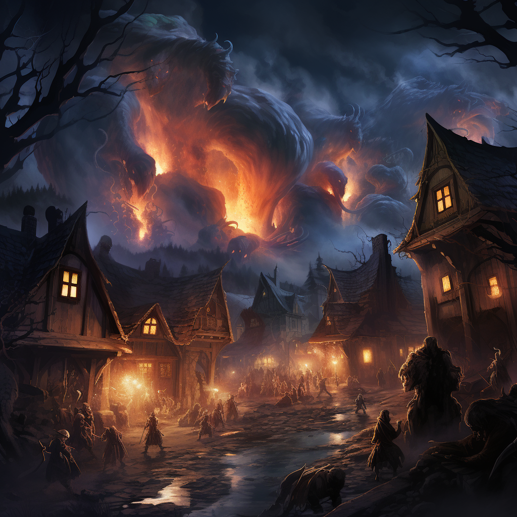 Eldritch monsters destroy village at night