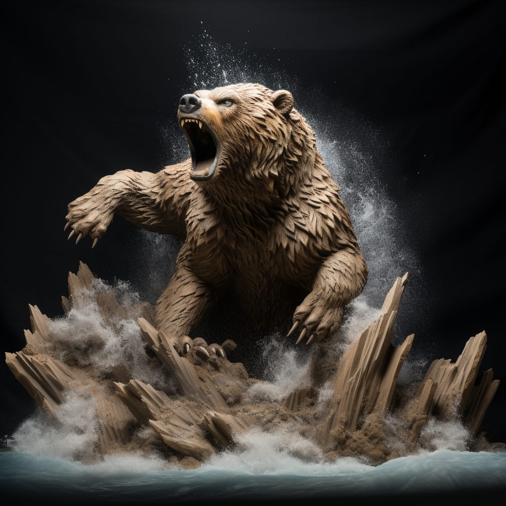 Surrealistic wave sculpture of an attacking grizzly bear