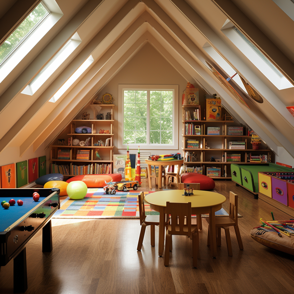 Attic playroom with storage and Legos