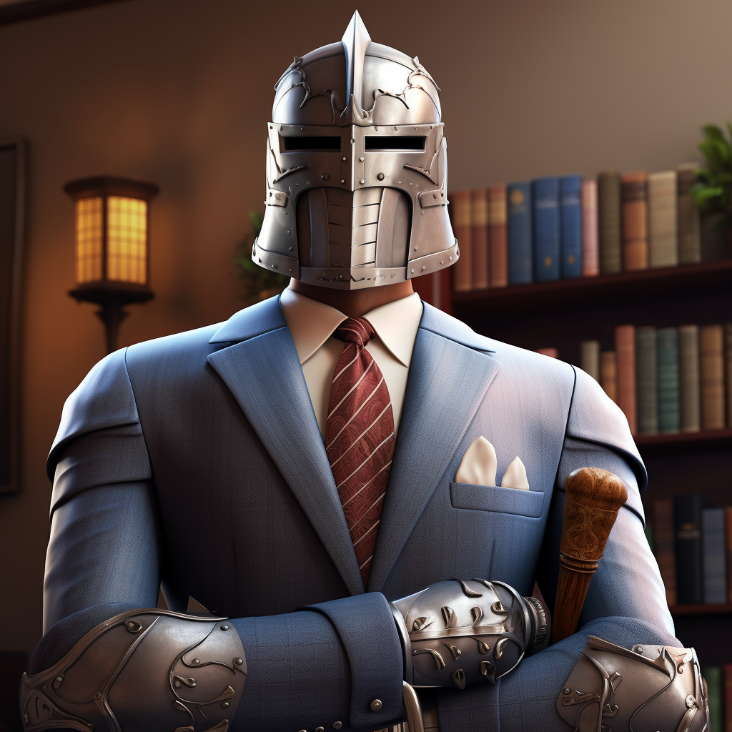 Professional attorney in medieval paladin pose