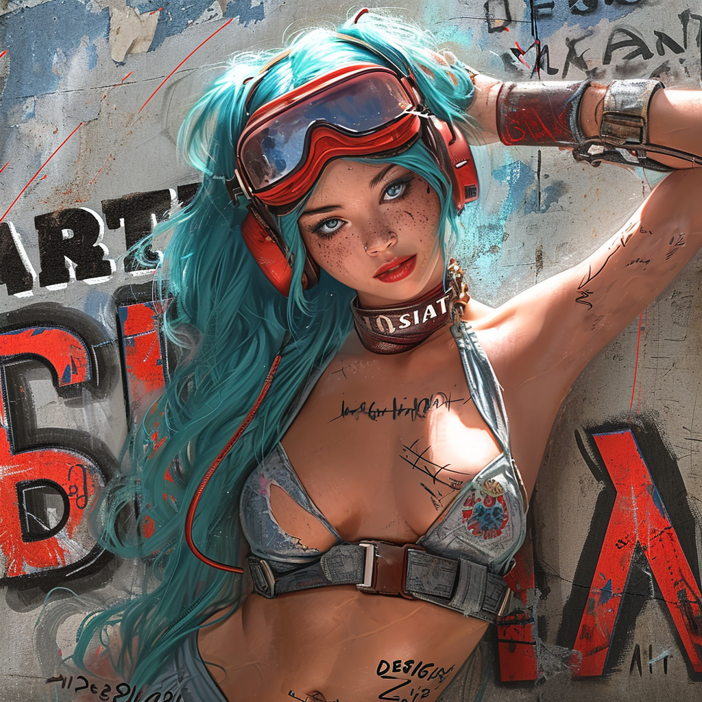 Aviatrix girl with graffiti in city