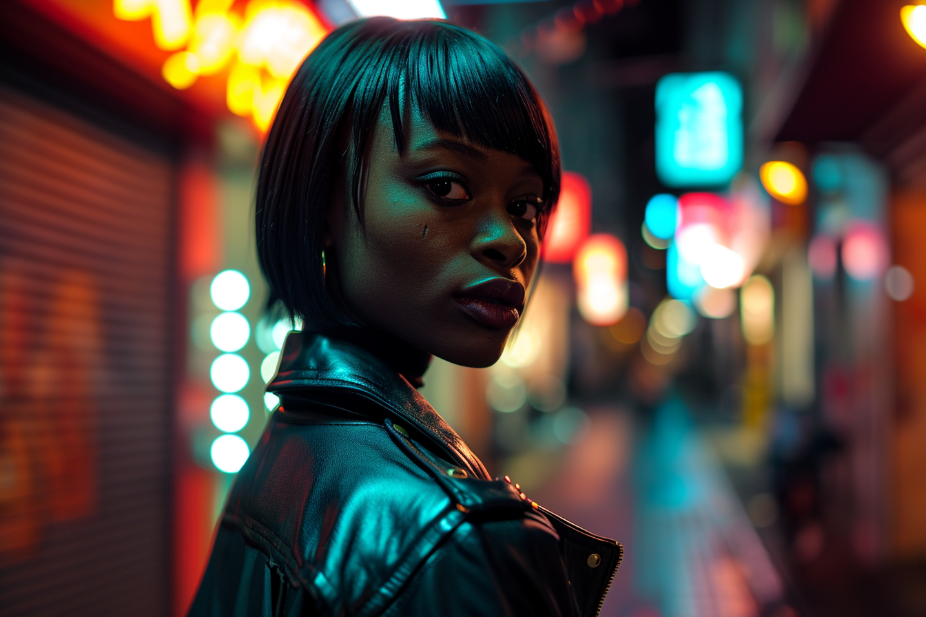 Attractive black woman in futuristic leather jacket