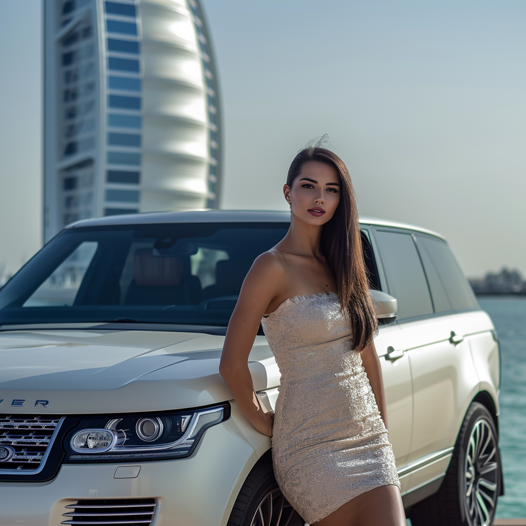 Attractive girl in Dubai with Burj Khalifa and Burj Al Arab