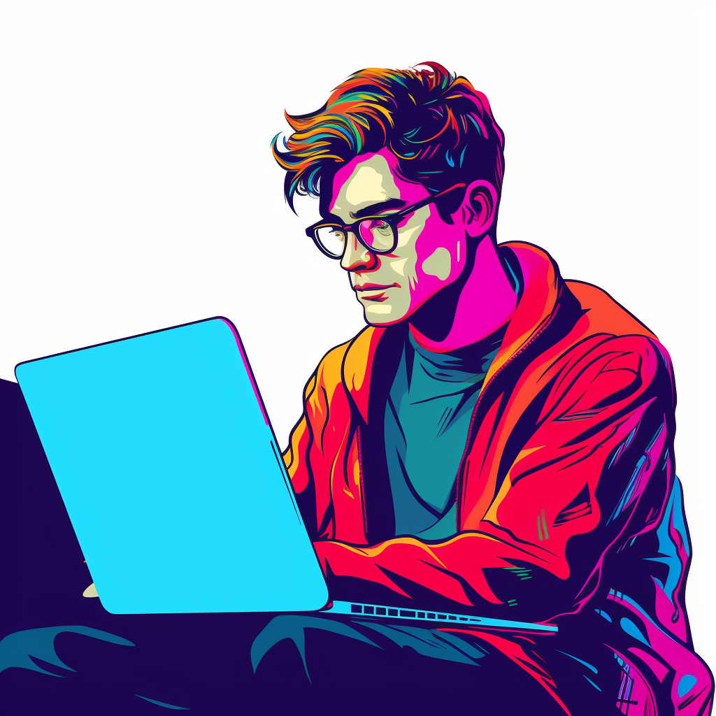 Attractive male reading laptop in a minimalist style