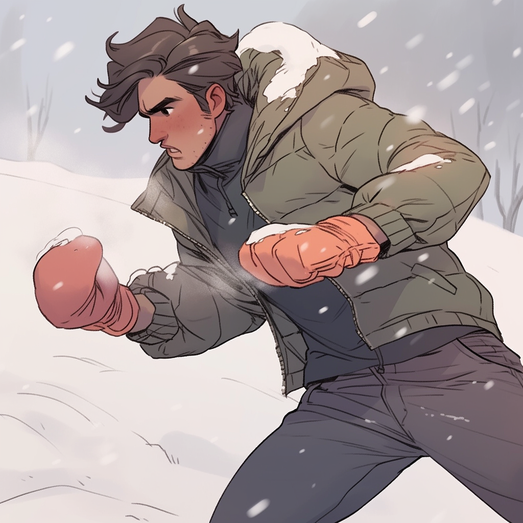 Image of an attractive man engaging in a snowball fight