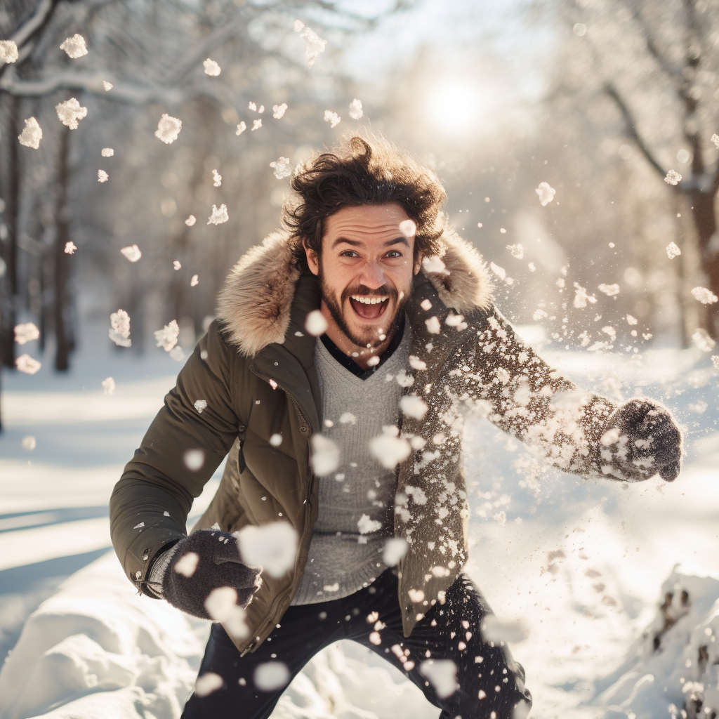 Happy man enjoying snowball fight