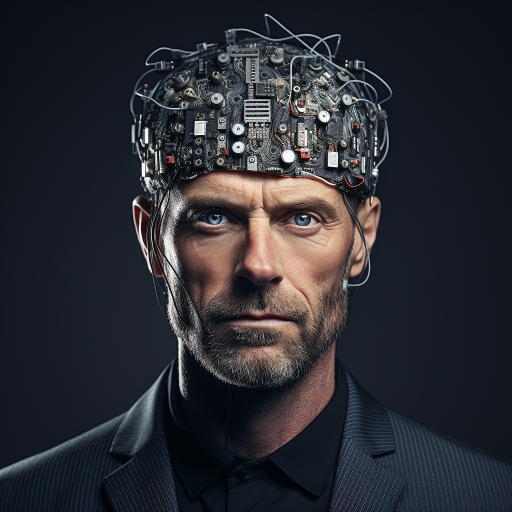 Attractive man with electronic chip on his head