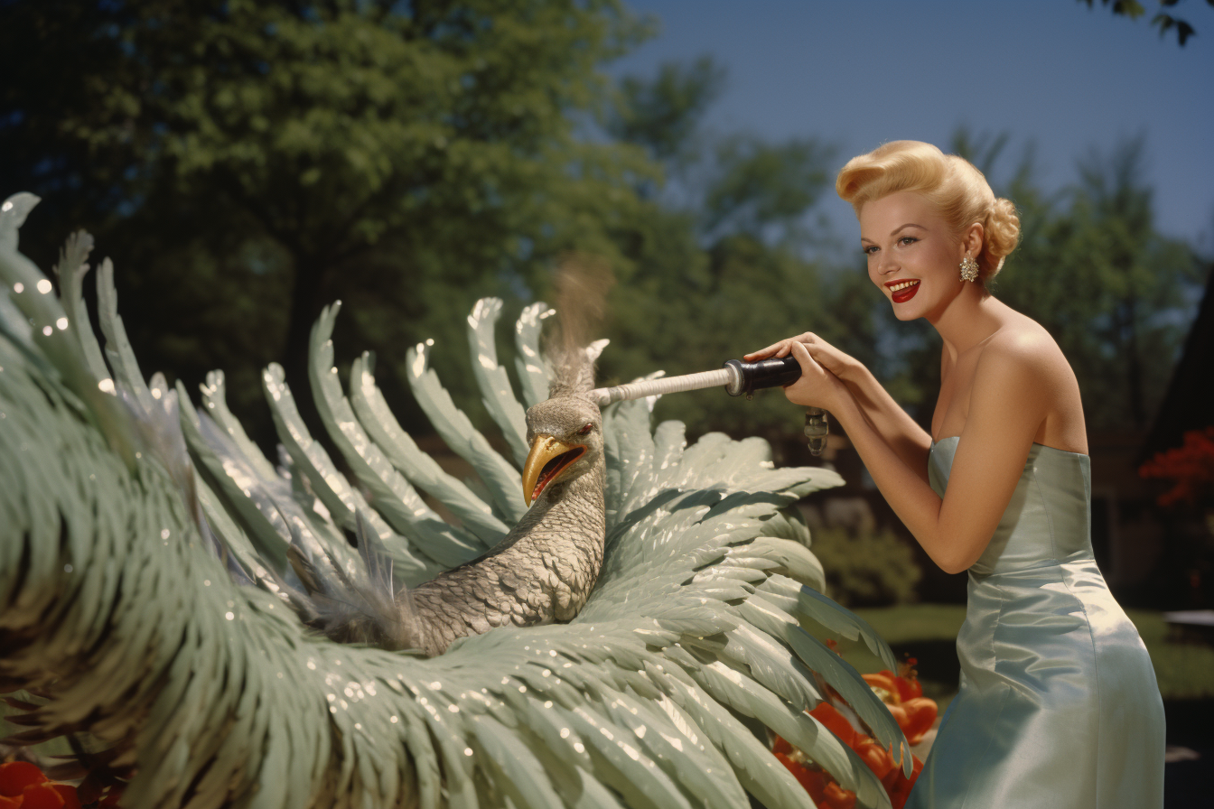 Blonde woman sprays peacock with garden hose in 1950s magazine