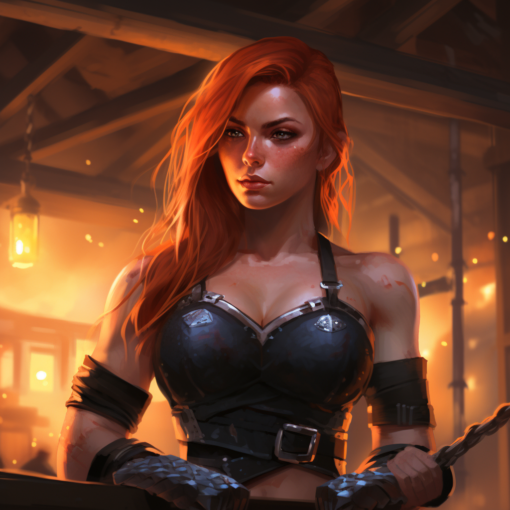 Attractive woman with fiery red hair in forge