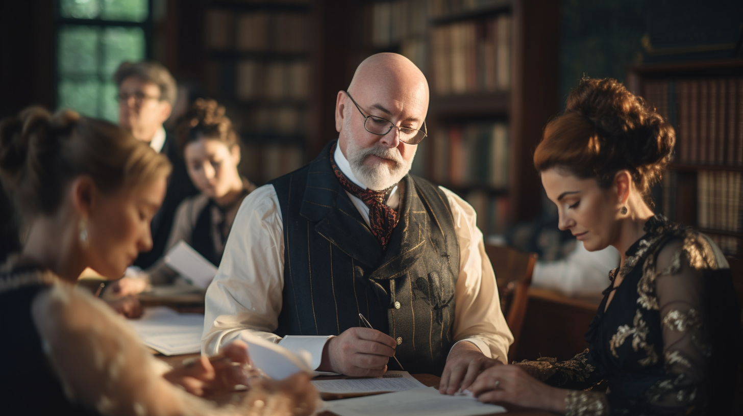 Attractive women writing in 19th-century library