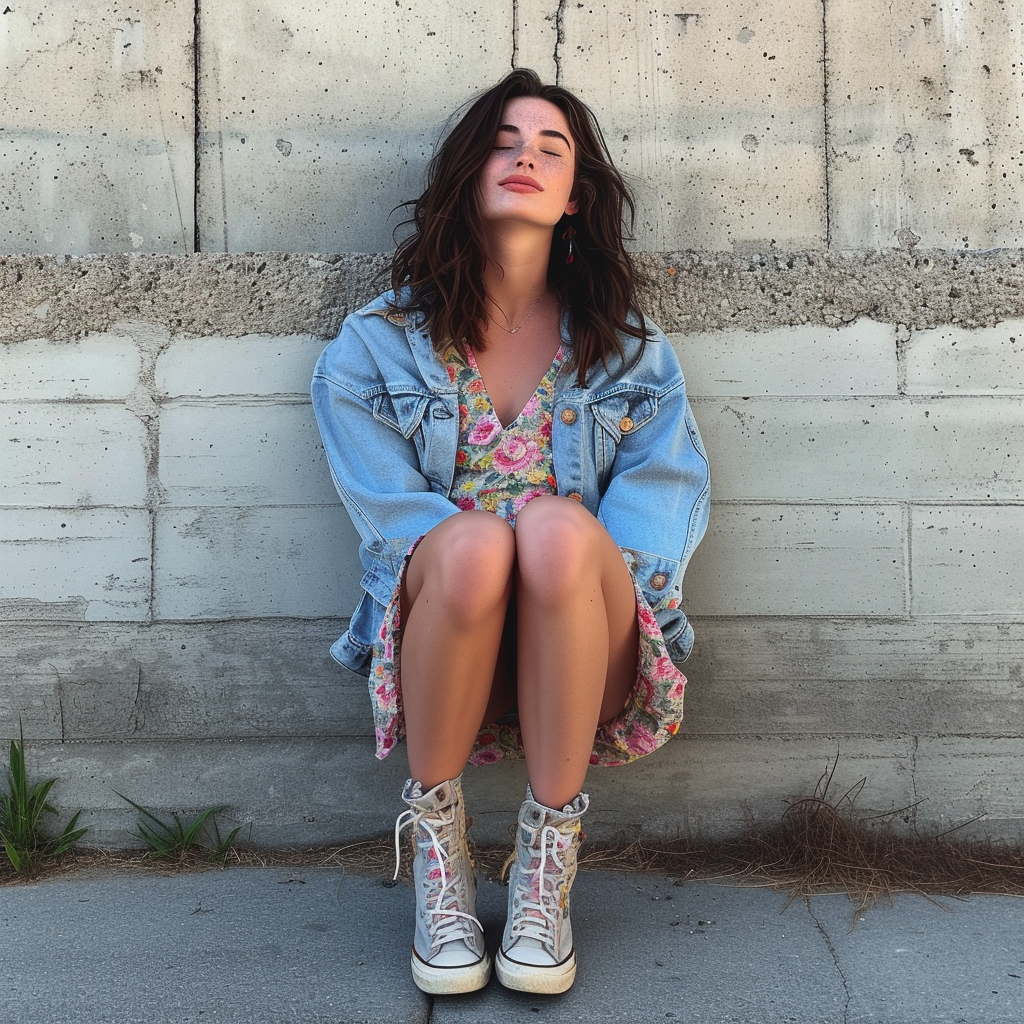 Attractive young woman in floral mini dress and jean jacket