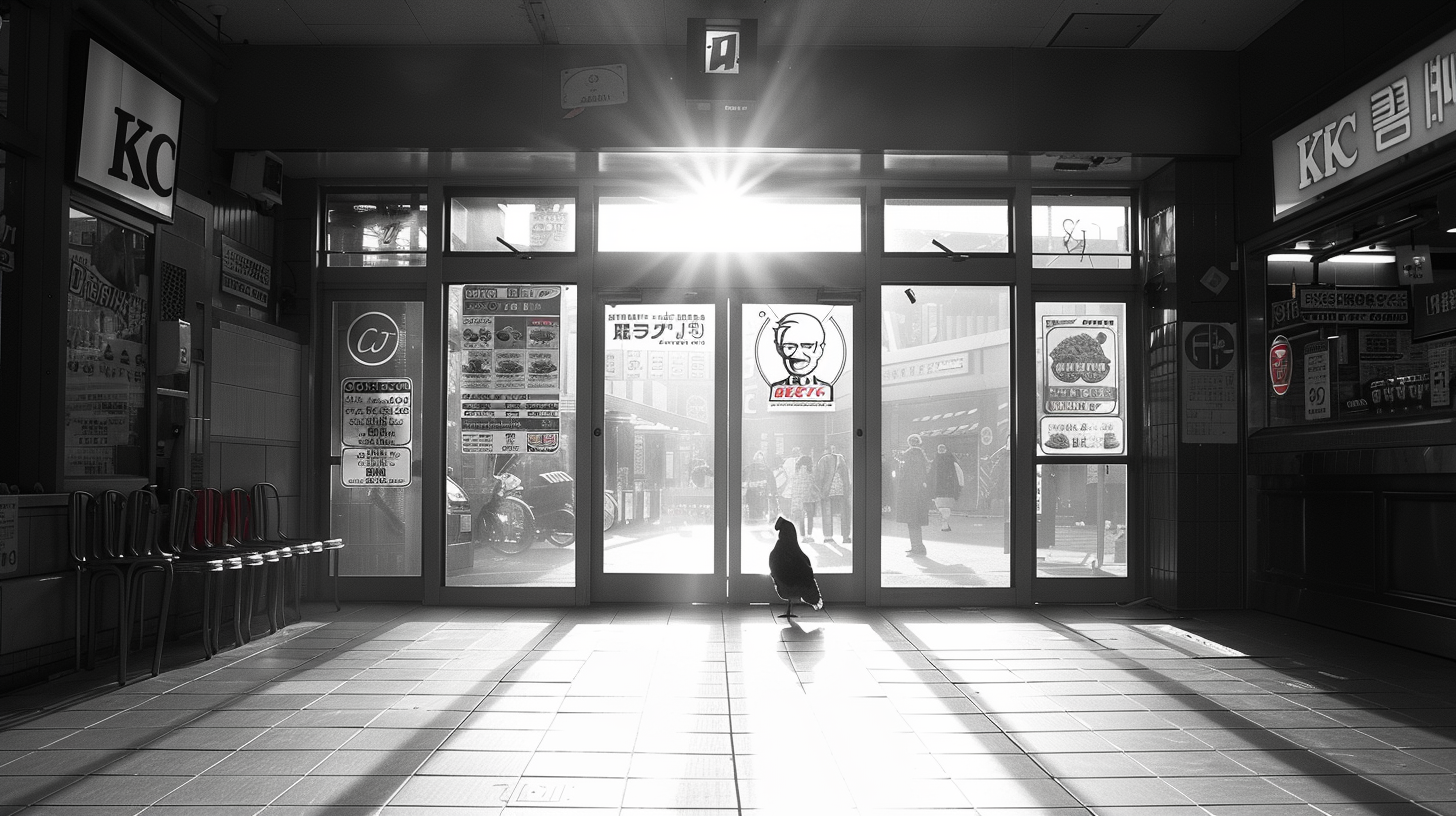 Confident chicken at KFC entrance